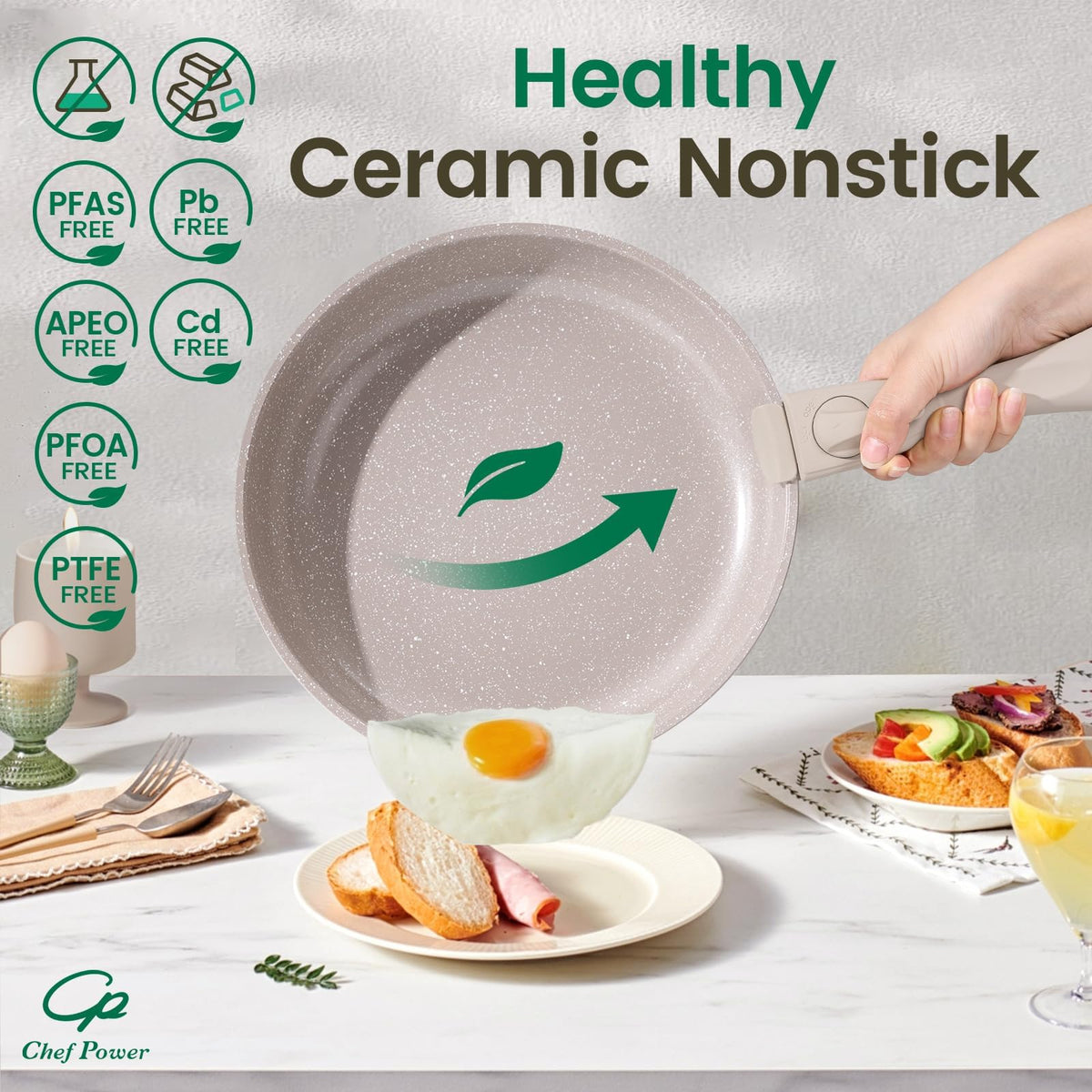 Chef Power 9-inch frying pan with smooth ceramic nonstick release.