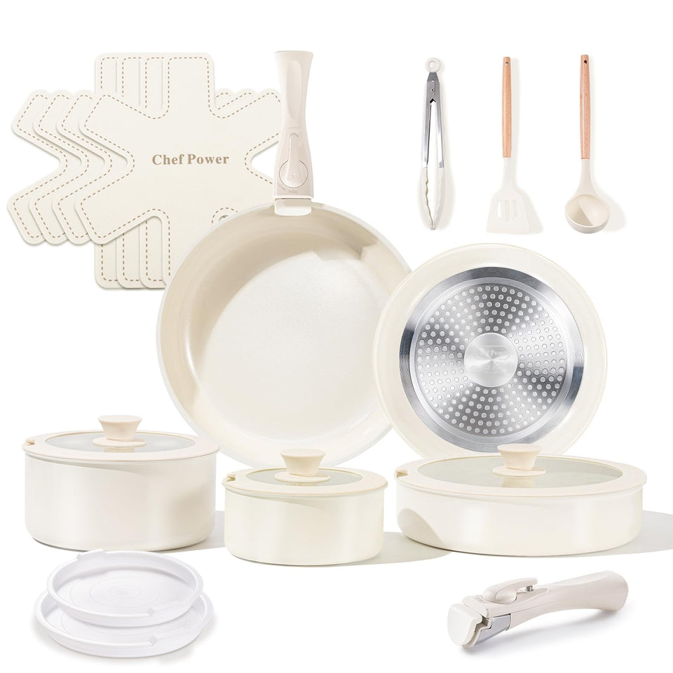 Chef Power ceramic cookware set 19 pcs front view showing compact design for small kitchens