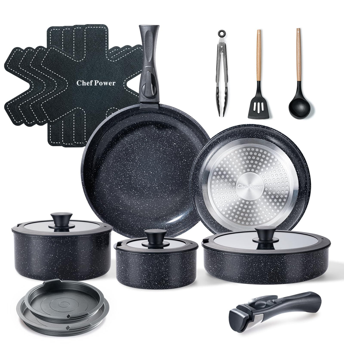 Chef Power ceramic nonstick set with smooth pots and pans for easy release and cleanup.