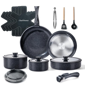 Chef Power ceramic nonstick set with smooth pots and pans for easy release and cleanup.