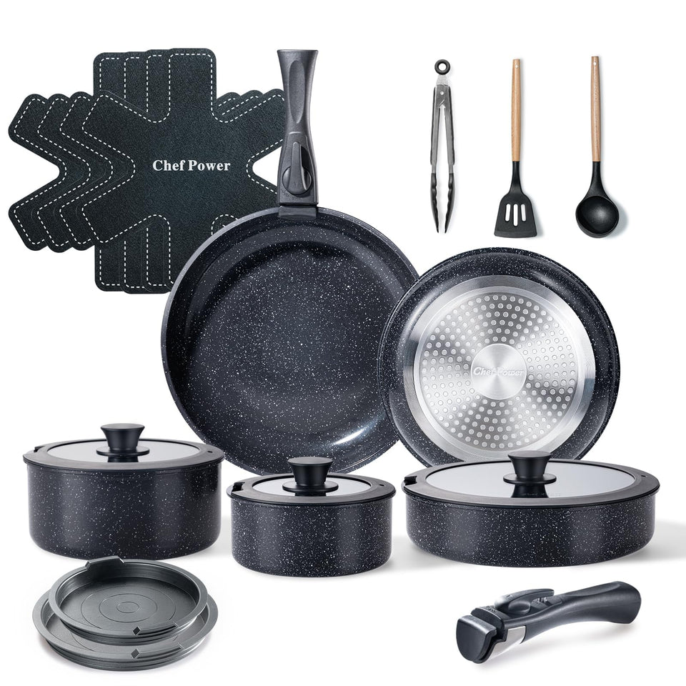 Chef Power ceramic nonstick set with smooth pots and pans for easy release and cleanup.