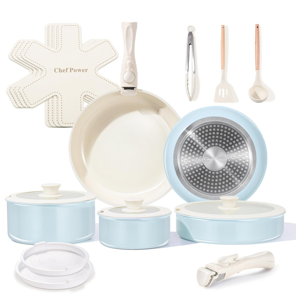  Chef Power detachable-handle collection for compact storage and easy transport.