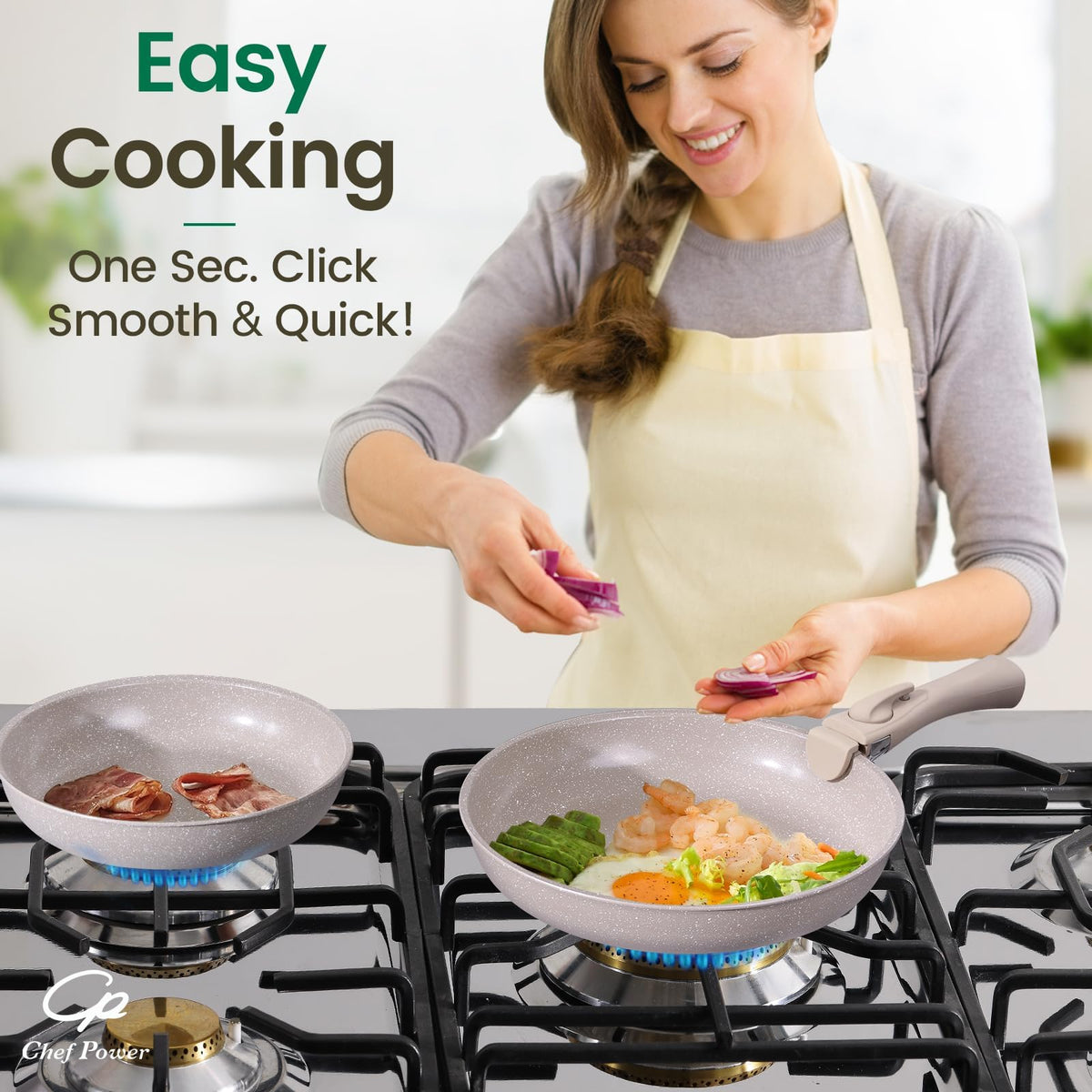 Chef Power detachable handles shown for compact storage and RV use.