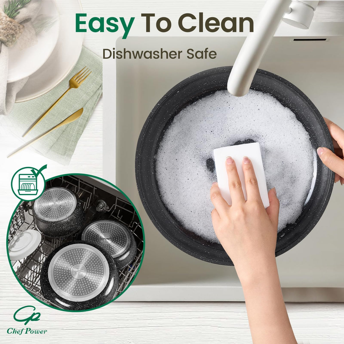 Chef Power dishwasher-safe pans simplify after-meal cleanup.