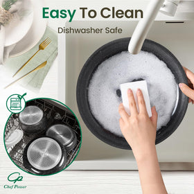 Chef Power dishwasher-safe pans simplify after-meal cleanup.