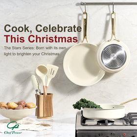 Chef Power kitchen scene with cream white pans in use