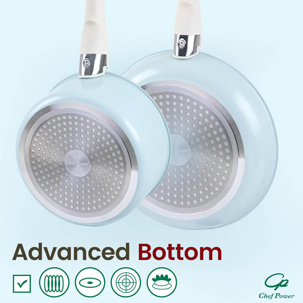 Chef Power light-blue cookware set adds a modern look to everyday cooking.