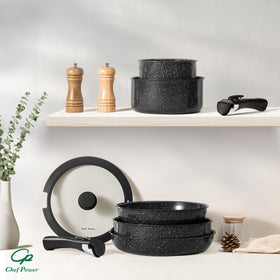 Chef Power RV kitchen set demonstrates removable handles for mobile cooking.