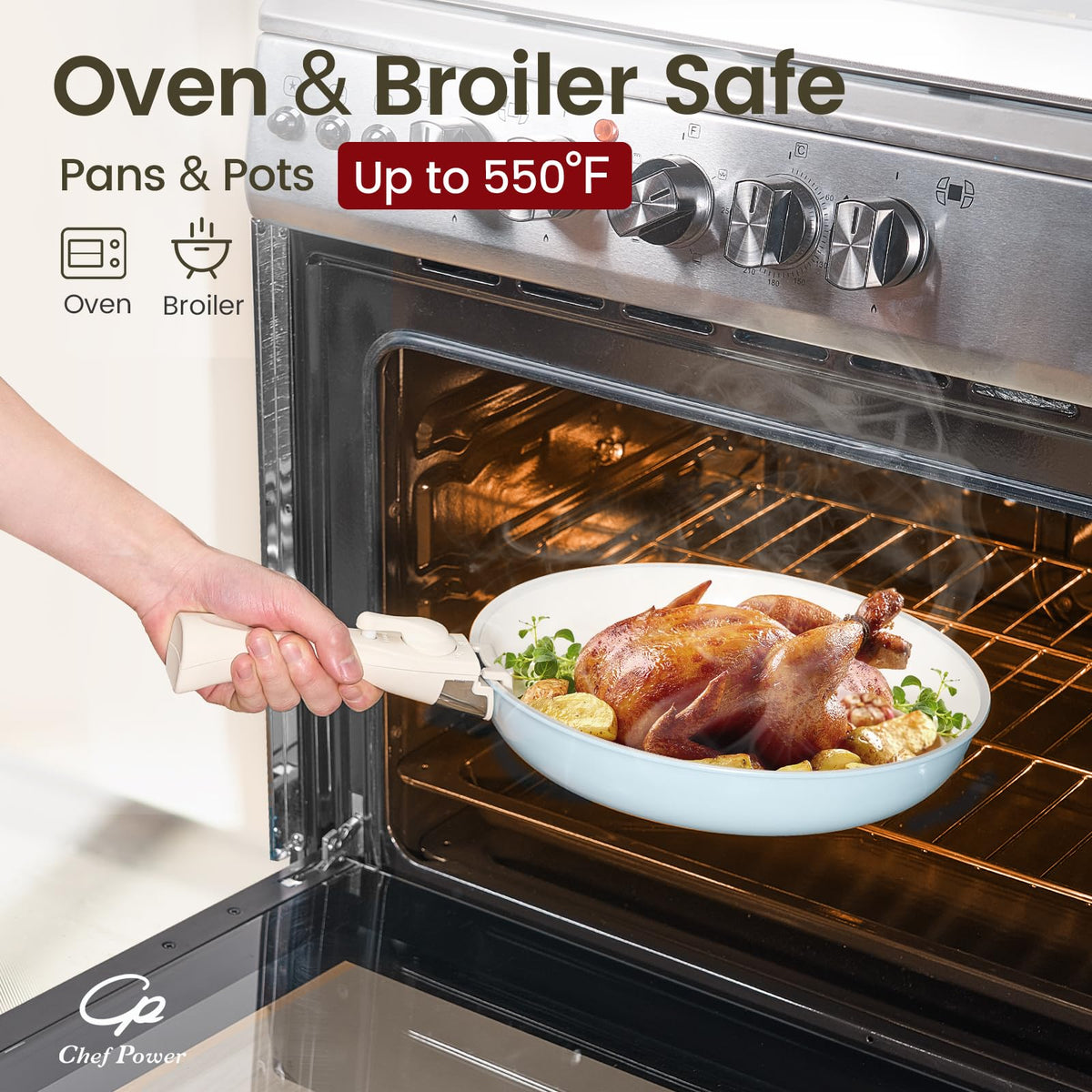 Chef Power silicone lids illustrate oven-safe sealing and heat control.