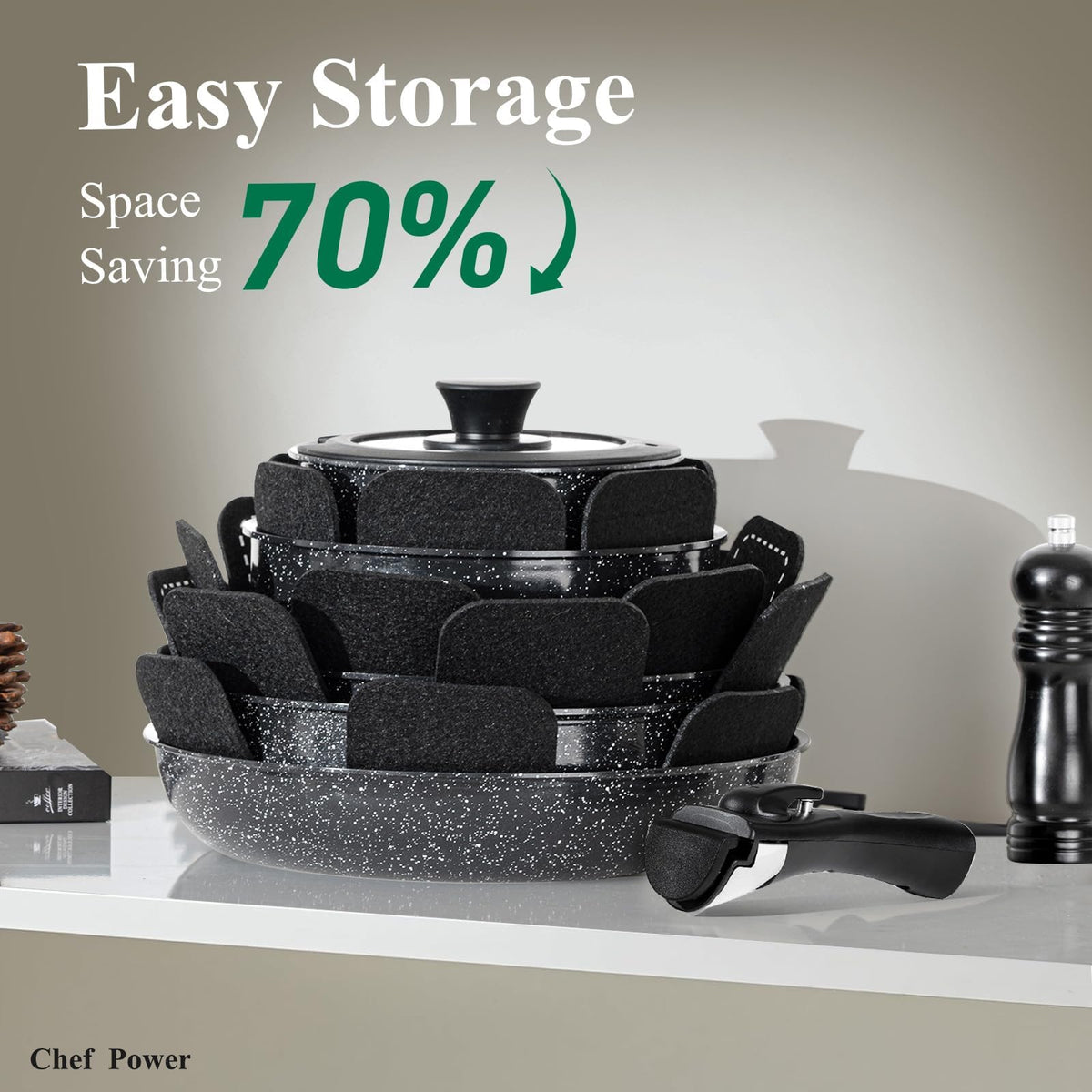 Chef Power silicone lids on pots tolerate oven use and heat sealing.