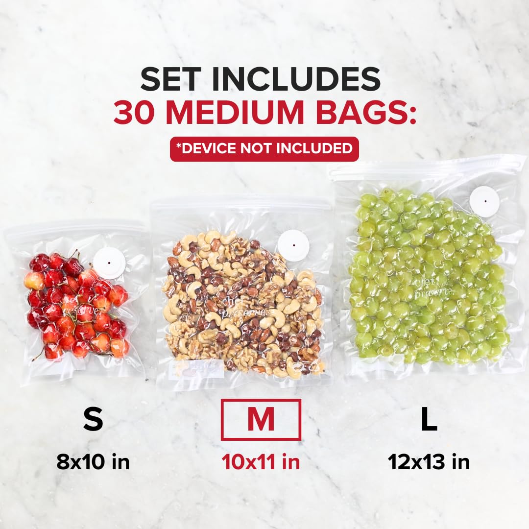 Chef Preserve medium bags sealed with contents, highlighting leak-resistant design.