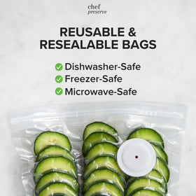 Chef Preserve reusable bags set highlighting BPA-free, odor-free storage