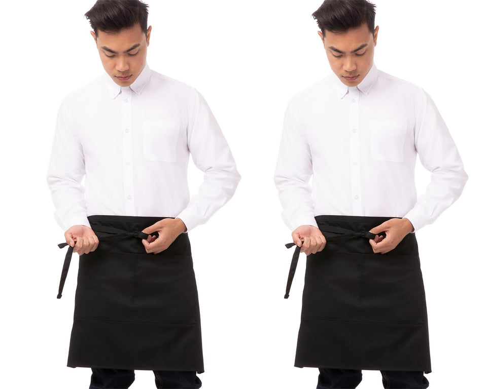 Chef Works unisex half bistro apron black, front view showing durable waist design.
