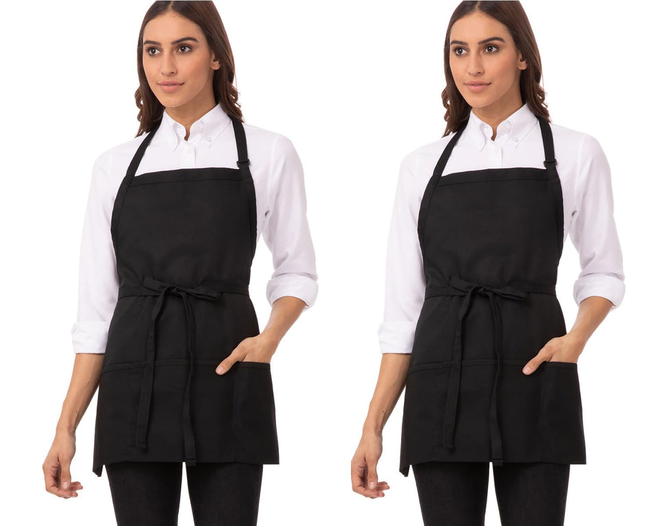 Chef Works unisex three-pocket apron in black, front view, durable and versatile.
