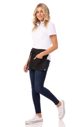Chef Works black waitress apron, pocket detail, roomy pockets ideal for pens and devices.