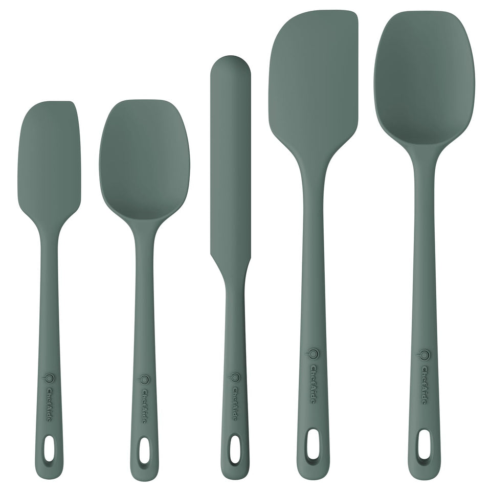 ChefAide 5-piece silicone spatula set packaging highlights premium heat resistance.