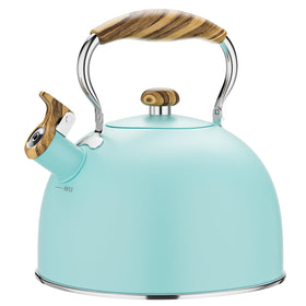 Chefbar blue 2.6 qt tea kettle with wood-like handle for stovetop brewing.