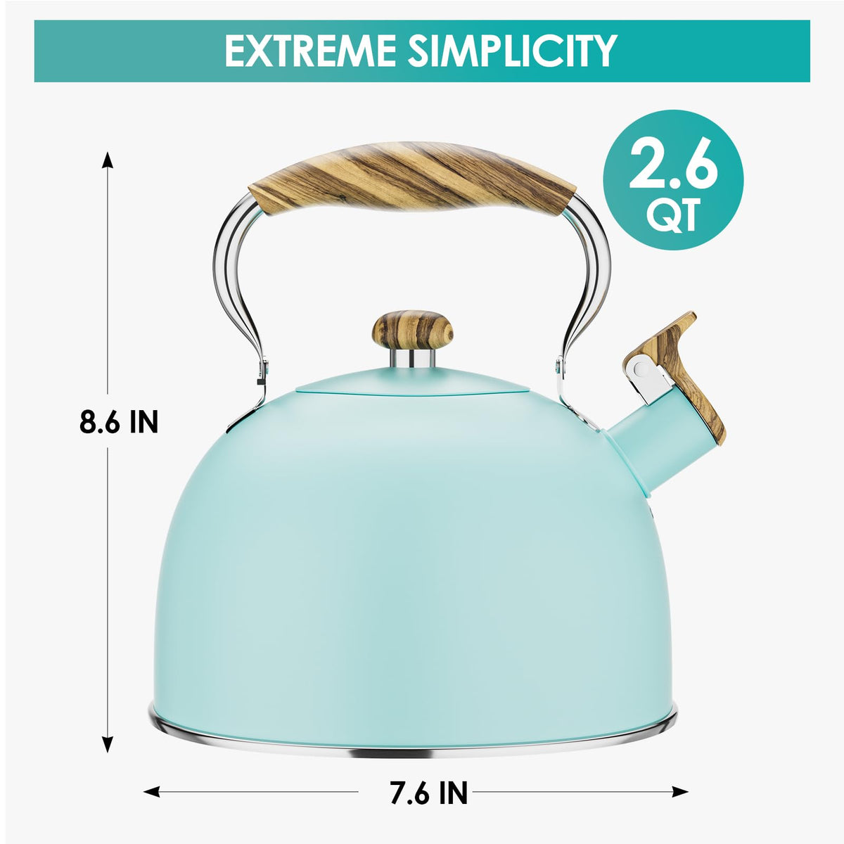 Chefbar blue stainless steel tea kettle heats quickly on induction and gas stoves.