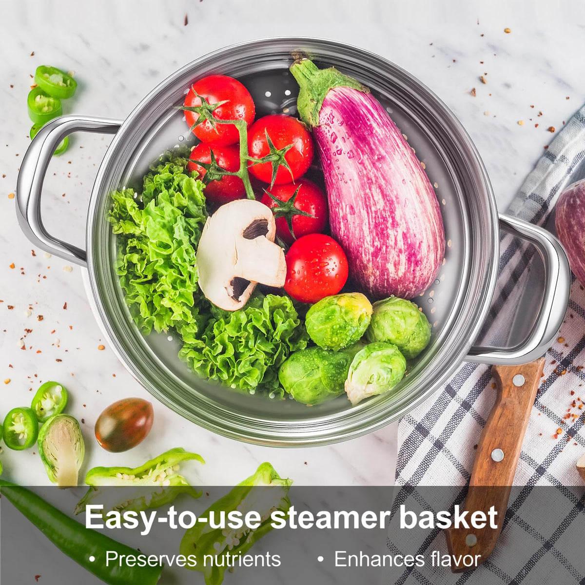 CHEFBEE steamer pot highlighting tri-ply bottom for fast even heating