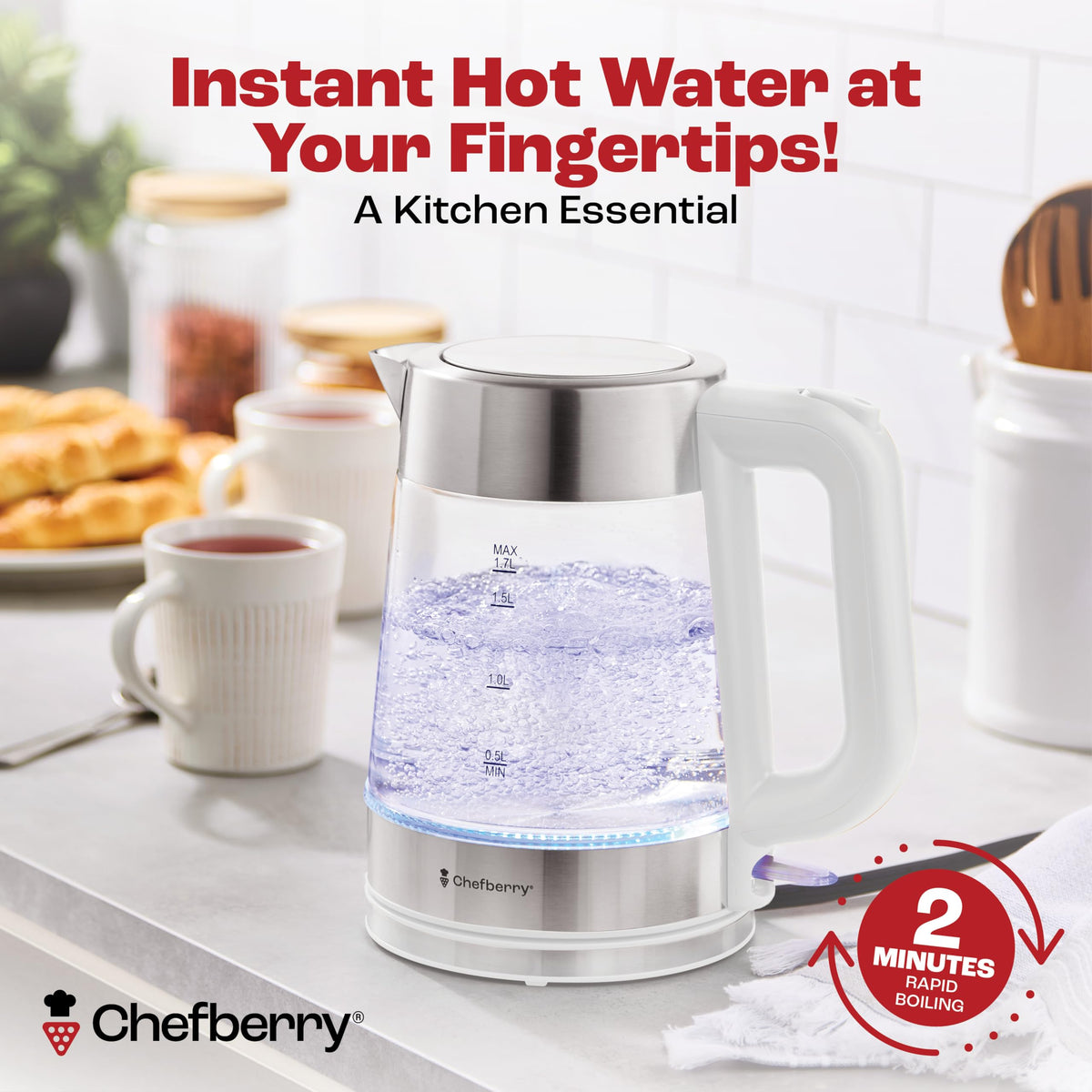 Chefberry 1.7L glass body boils rapidly for tea, coffee, or noodles with clarity.