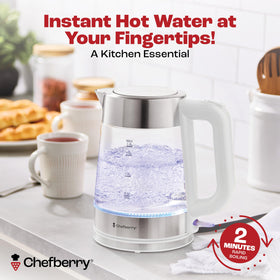 Chefberry 1.7L glass body boils rapidly for tea, coffee, or noodles with clarity.