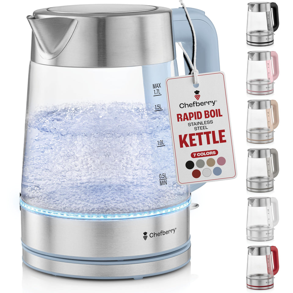 Chefberry electric kettle with borosilicate glass body for pure, durable heating and visibility