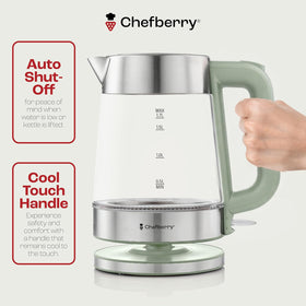 Sleek glass and steel design complements any kitchen
