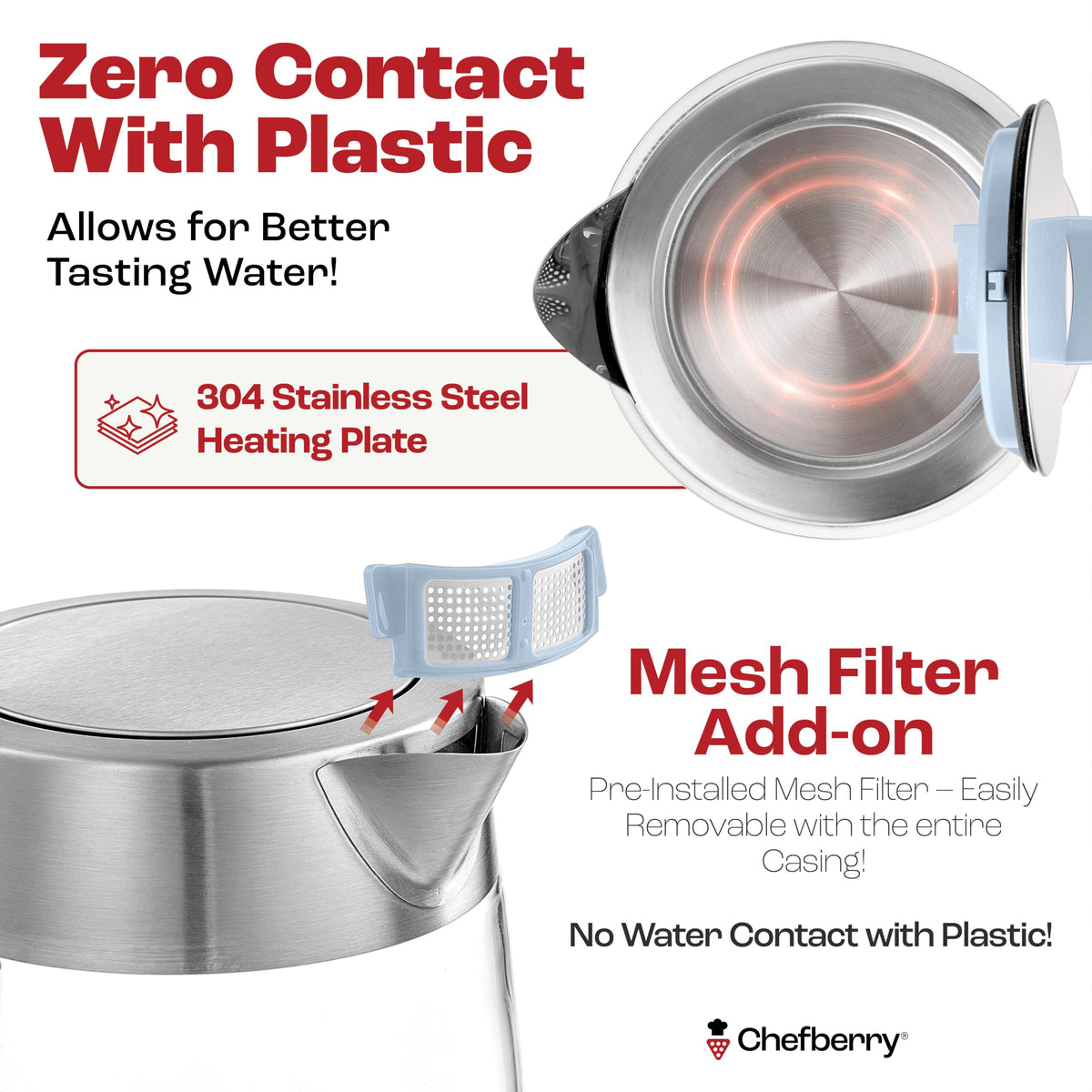 Chefberry kettle with no plastic water paths for pure-tasting water