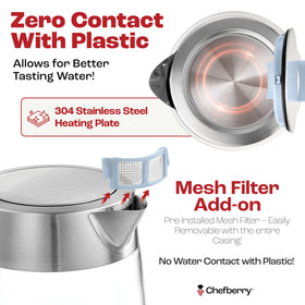 Chefberry kettle with no plastic water paths for pure-tasting water