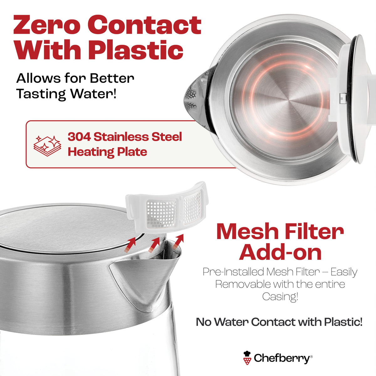 Chefberry kettle with open lid reveals borosilicate glass body for watching the boil clearly.