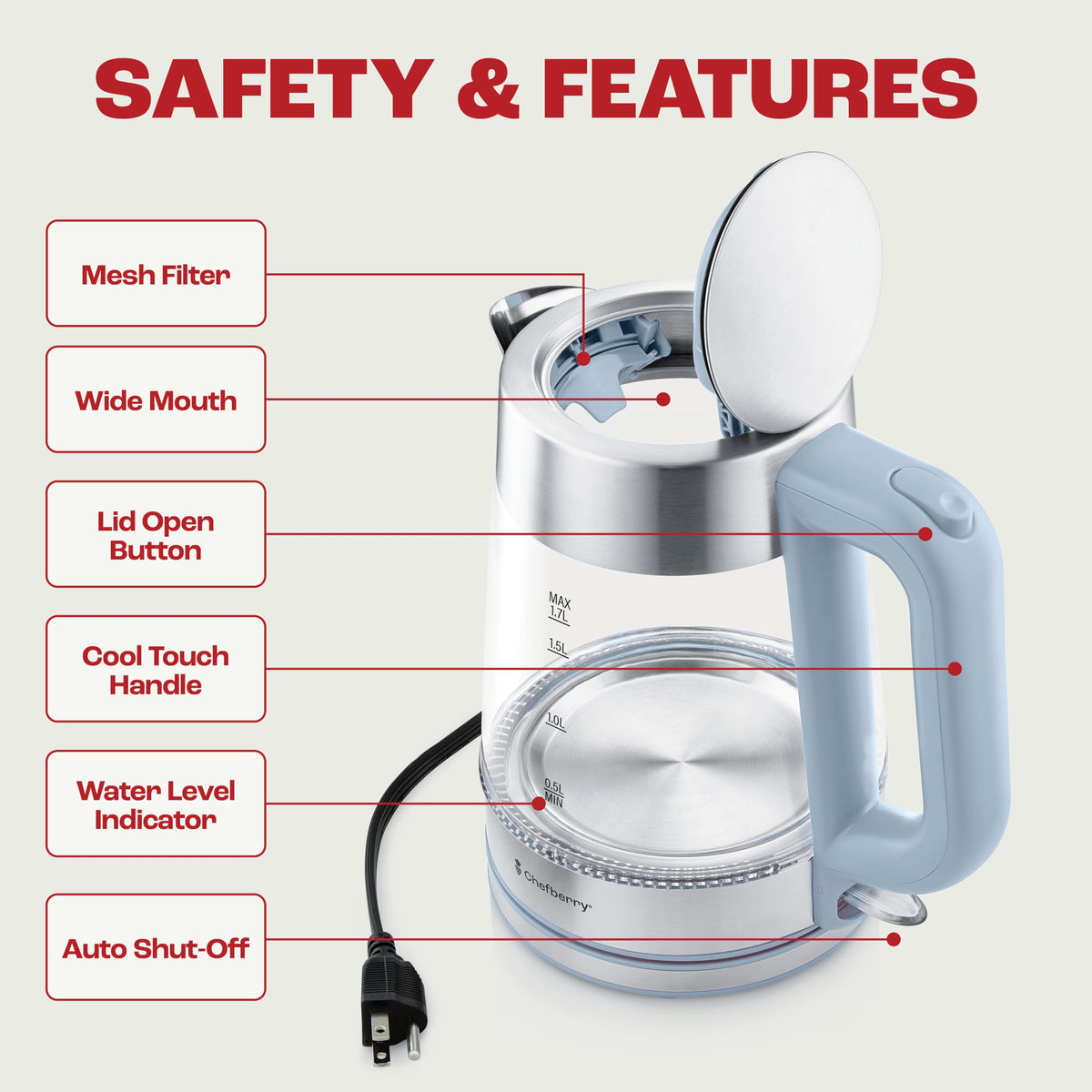 Chefberry kettle includes removable stainless mesh filter to trap impurities at the spout