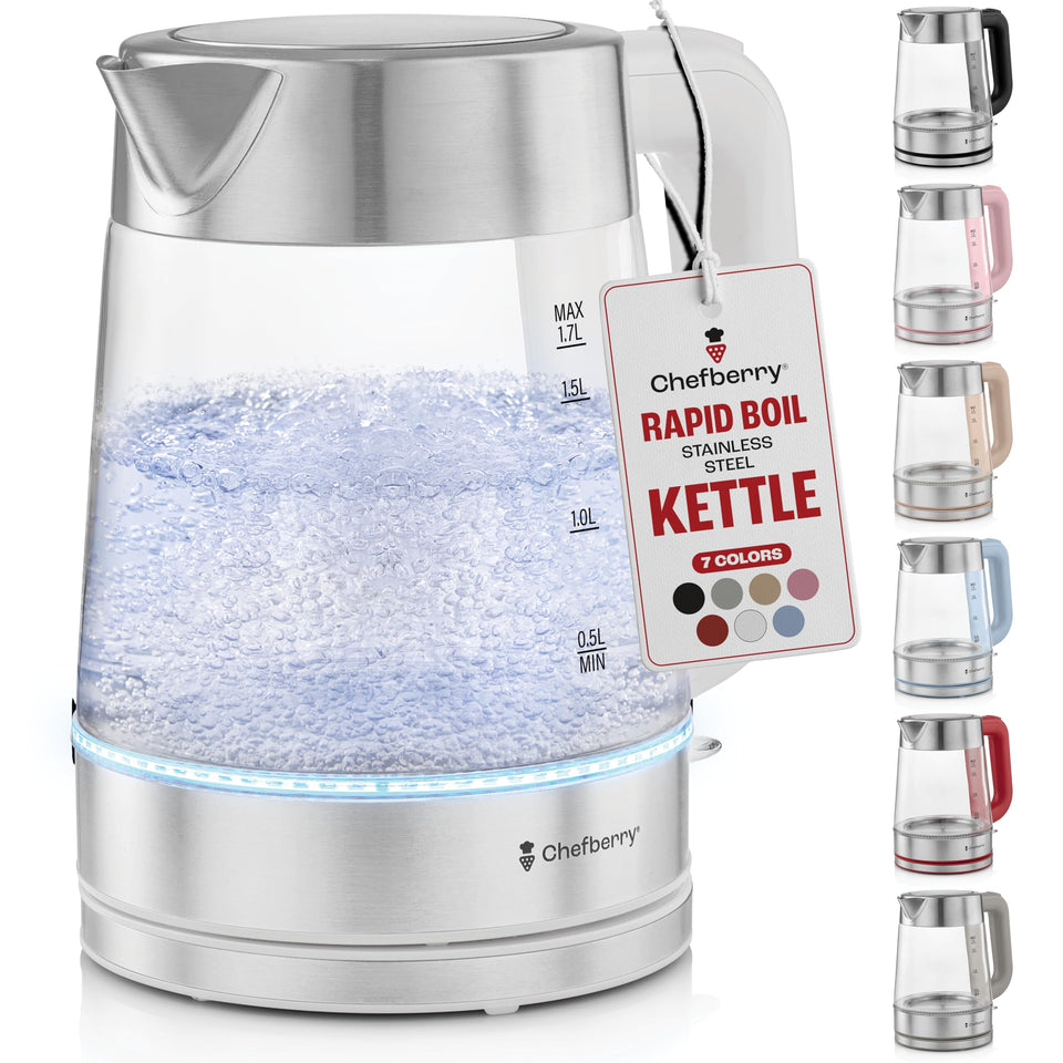 Chefberry Electric Kettle white side view shows sleek design and 1.7L capacity for quick boils.