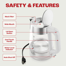 Chefberry rapid-heat 1500W heats water quickly for tea or coffee.