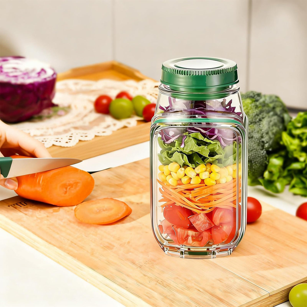 ChefktCove salad jar with side opening showing secure leakproof design for on-the-go meals.