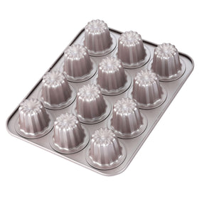 CHEFMADE Canele mold 12-cavity pan top view in champagne gold for even baking