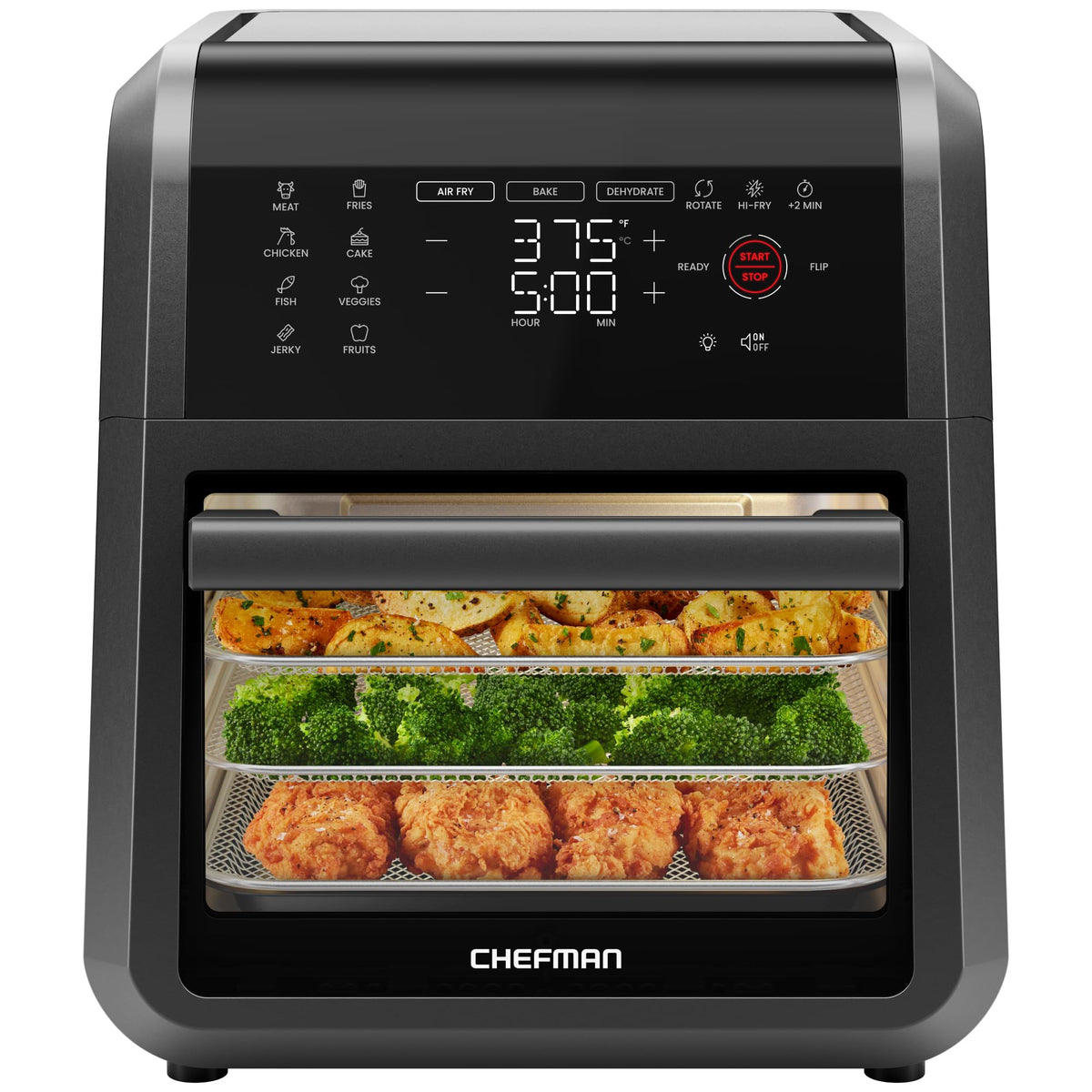 Chefman 12-Quart 5-in-1 Air Fryer Oven front view, ideal for family meals