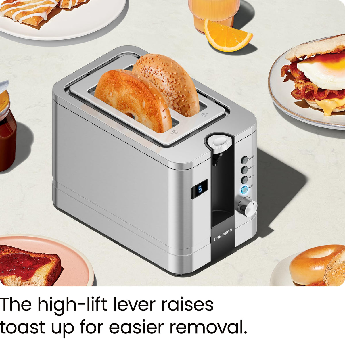 Chefman 2-Slice Toaster includes a removable crumb tray for quick cleanup.