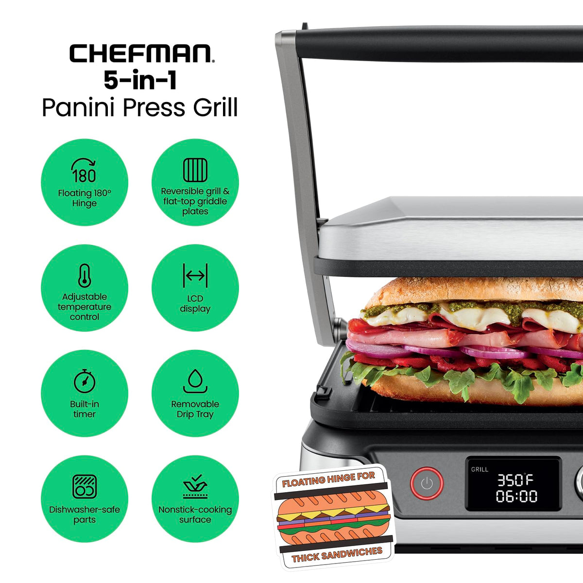 Chefman 5 in 1 Panini Press open to 180 degrees for large sandwiches