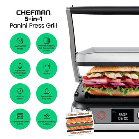 Chefman 5 in 1 Panini Press open to 180 degrees for large sandwiches