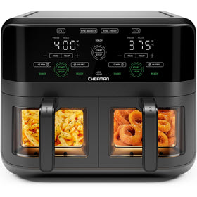 Chefman 6-Qt dual-basket air fryer oven front view with sleek black finish