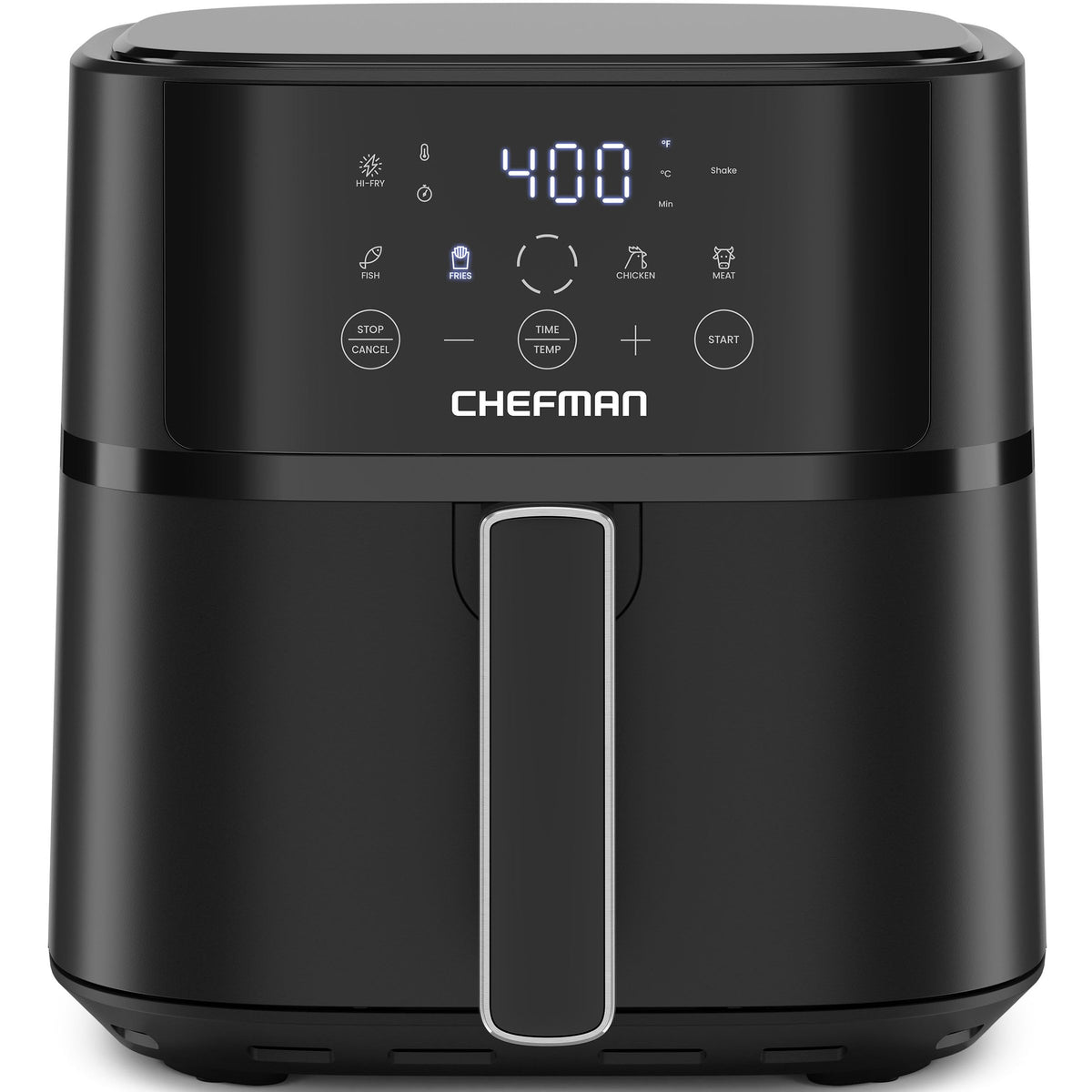 Chefman 6qt air fryer front view showcases space-saving design for countertops.