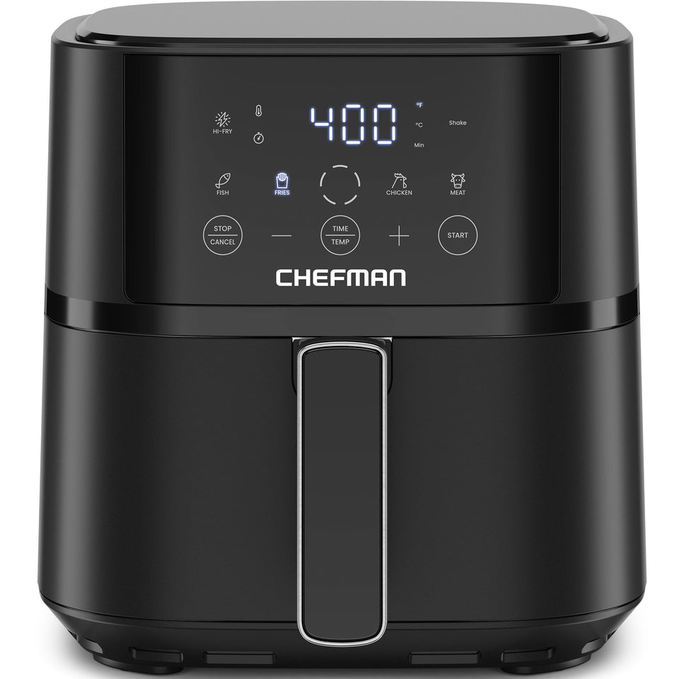 Chefman air fryer 4qt compact design showing space-saving performance for quick weeknight meals.