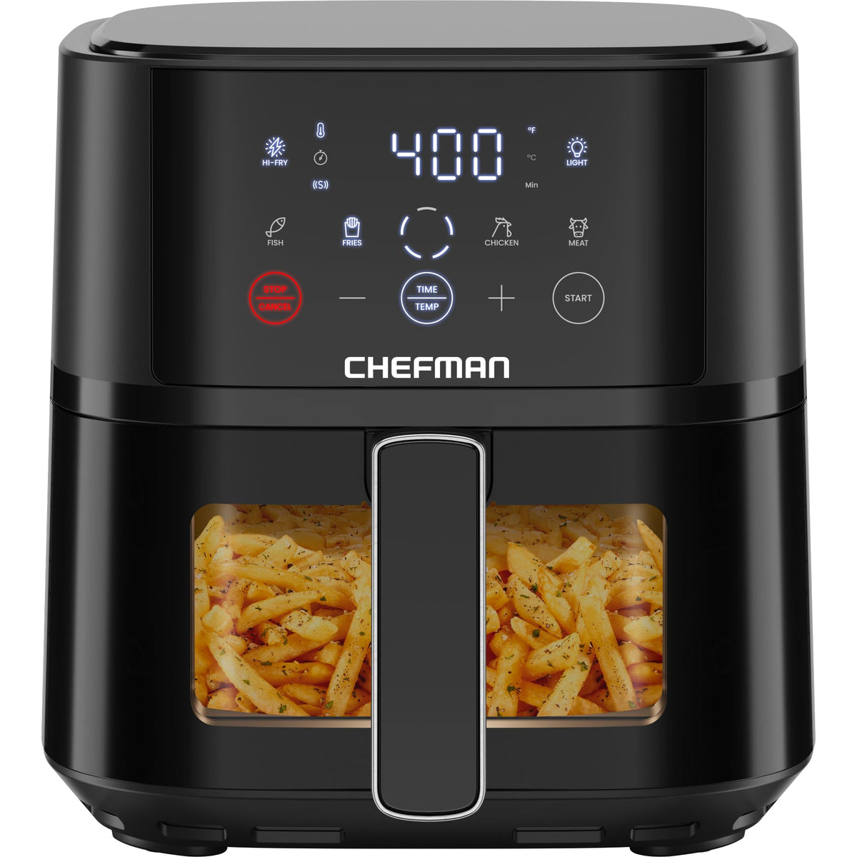 Chefman 4qt compact air fryer front view highlights space-saving design for small kitchens