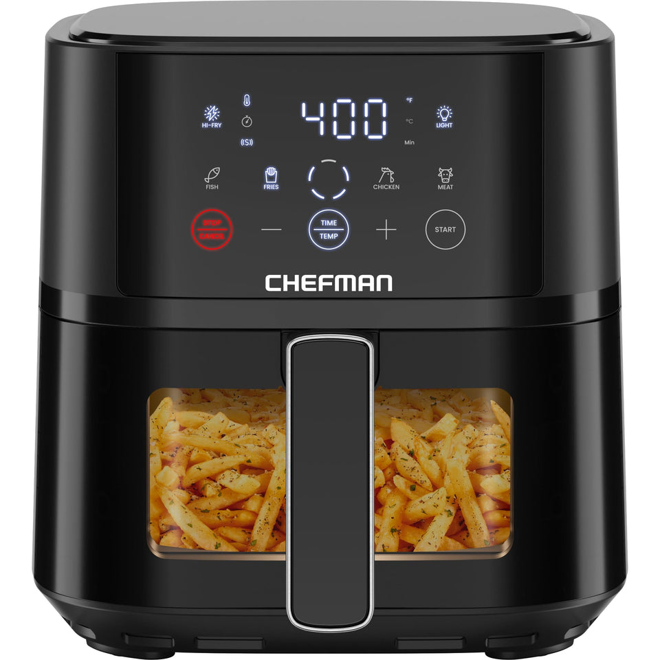 Chefman 4qt compact air fryer front view highlights space-saving design for small kitchens