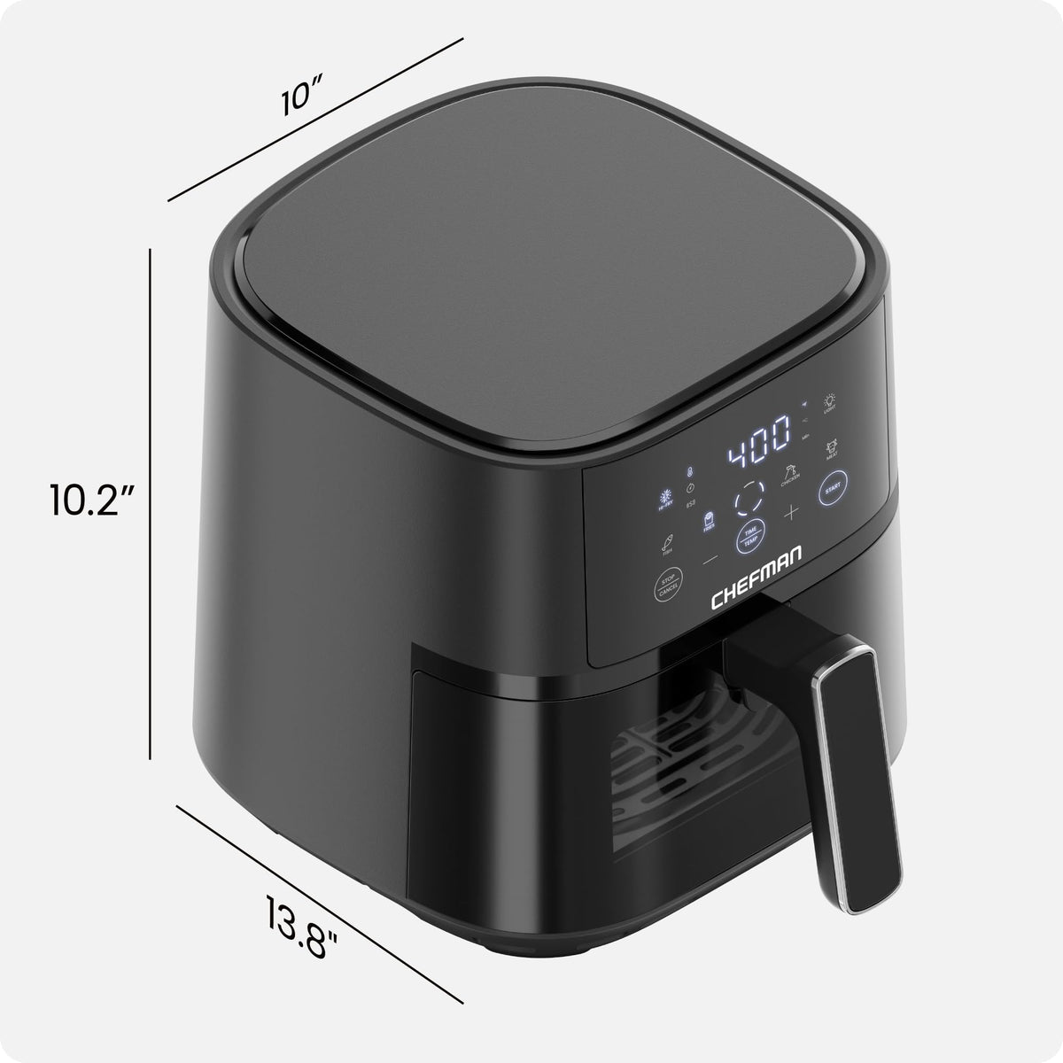 Chefman 4qt compact air fryer on counter with sleek design