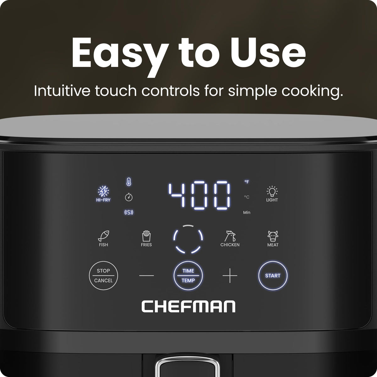 Chefman 6qt air fryer 450°F Hi-Fry for extra-crisp finishing touch.