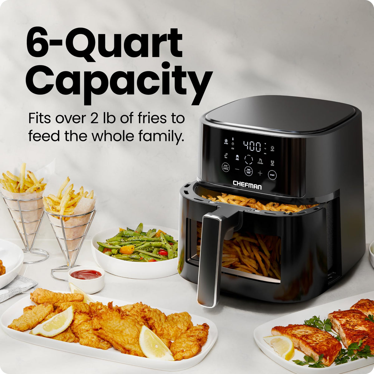 Chefman 6qt air fryer easy-view window to monitor crisping progress.