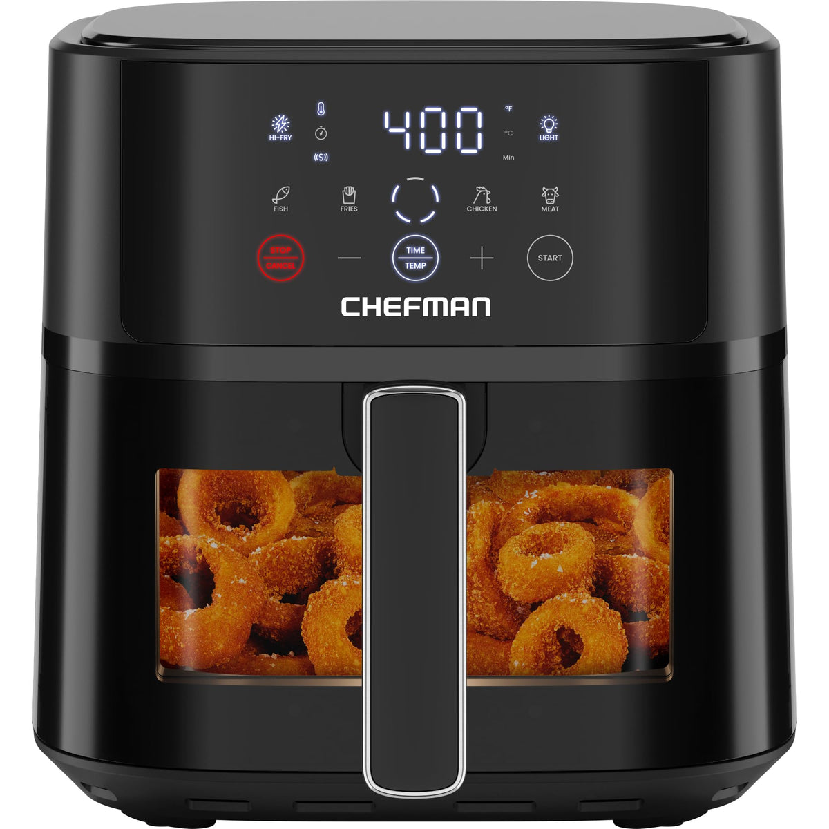 Chefman 6qt compact air fryer front view for space-saving counters.