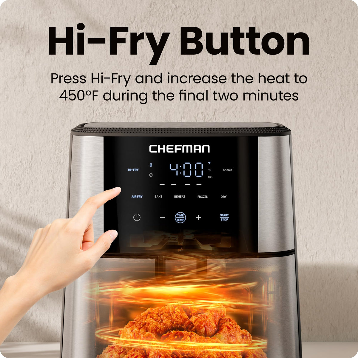 Chefman stainless-steel finish adds durability and a sleek look