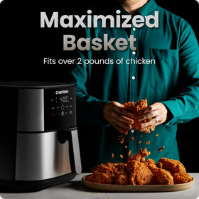 Chefman Air Fryer 8 Qt basket crisp demonstrates high-heat capability for even browning.
